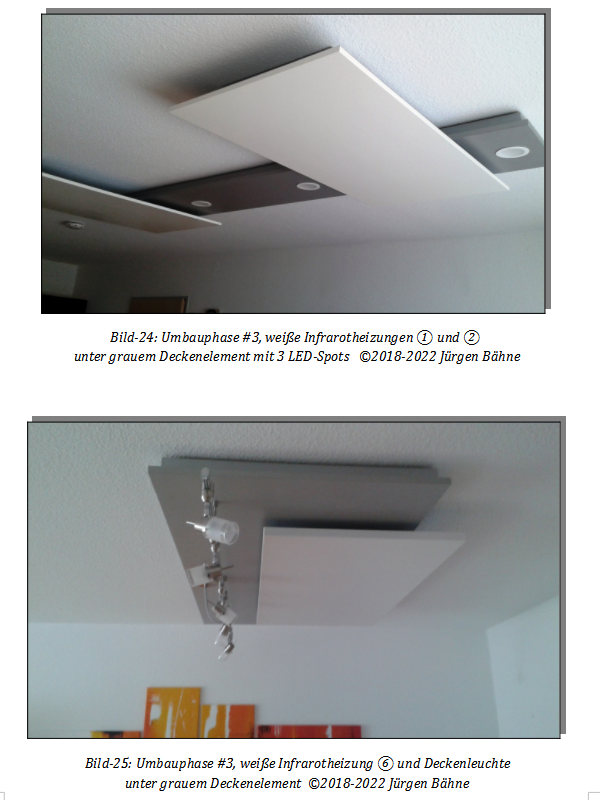 Bilder von zwei deckenmontierten Infrarotheizungen mit Raumbeleuchtung in einer Wohnung
